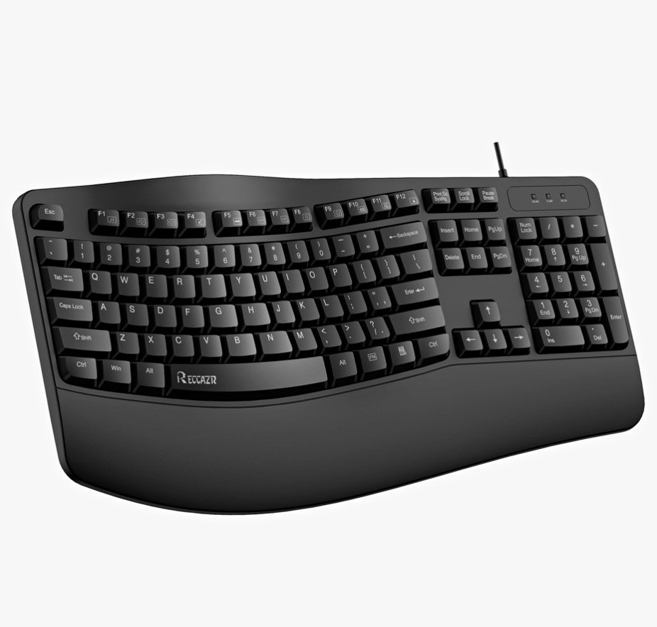 Reccazr KB-1959 Ergonomic Wired USB Keyboard w/ Wrist Rest Black English QWERTY