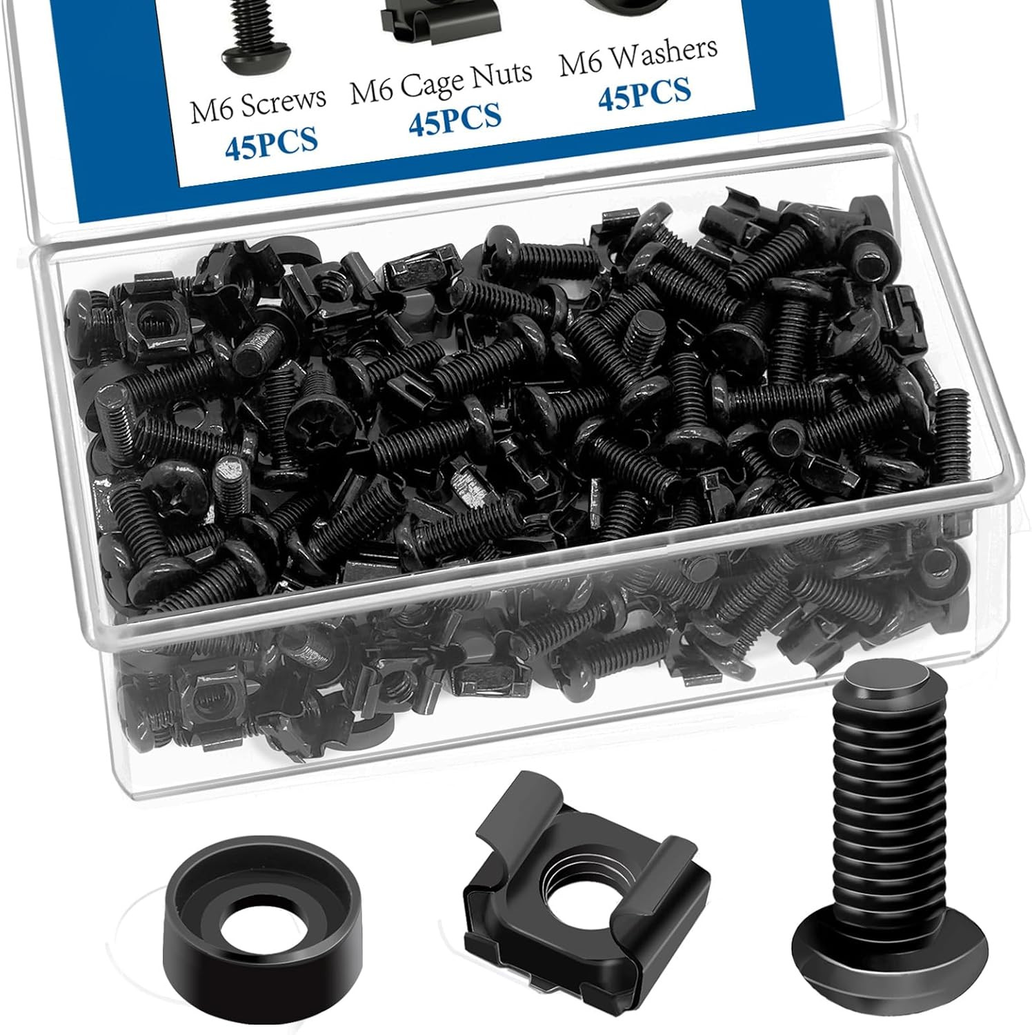 M6 x 16mm Rack Mount Screws and Cage Nuts for Server Cabinets - 45 Pack