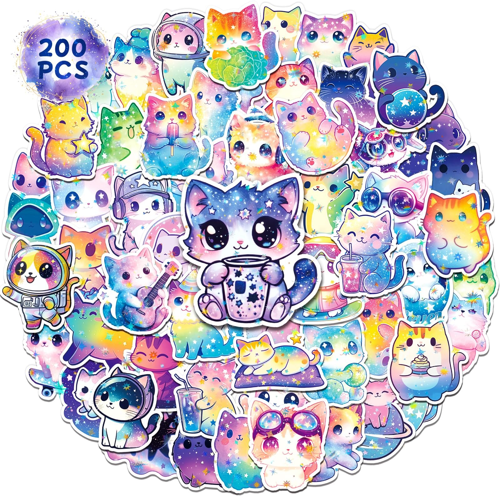 SigyoJeom 200PCS Starry Sky Cat Stickers, Holographic Yellow, Blue, Purple