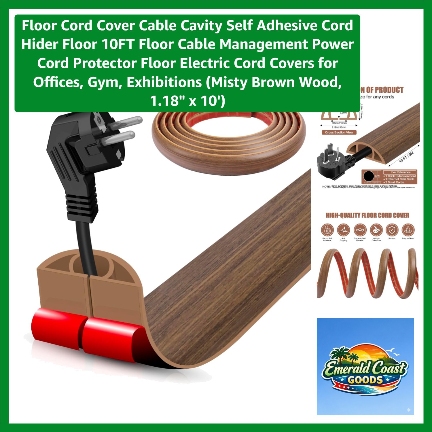 10FT Easy Install Cord Management - Self-Adhesive Floor Cover in Misty Brown