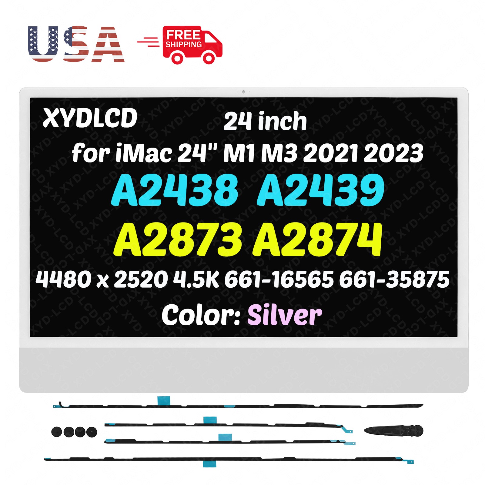 for iMac 24" A2873 EMC 8206 661-16565 LCD Screen Display w/Adhesive 4.5K Silver