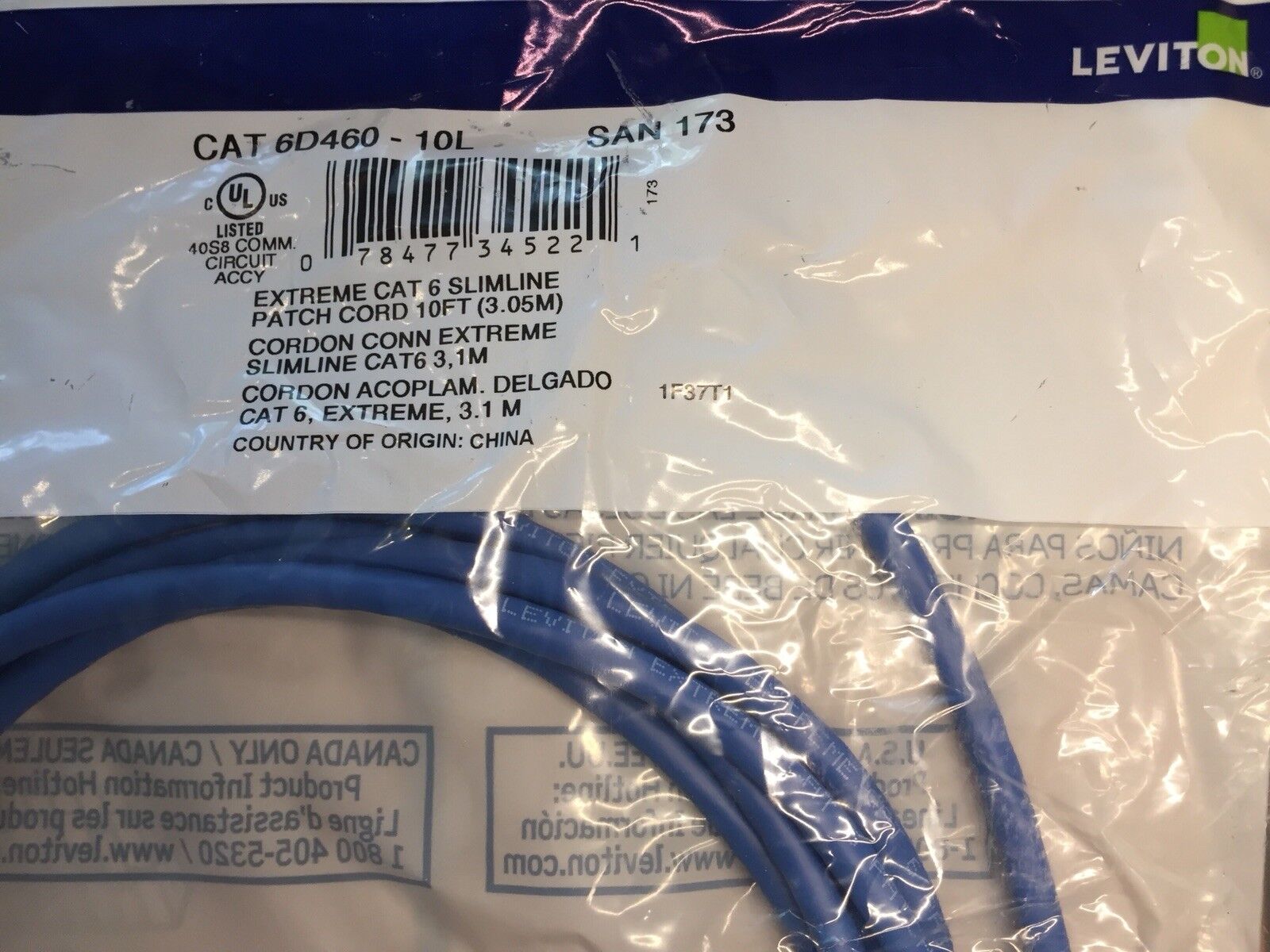 NEW Extreme CAT6 Patch Slimline Blue Network Cable 10 FT length by Leviton