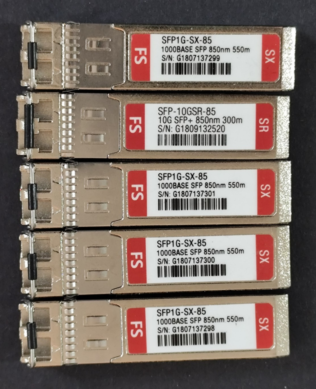 Lot of 5 FS SFP1G-SX-85 Data Rate: 1.25 Gbps Gigabit Ethernet, Wavelength 850 nm