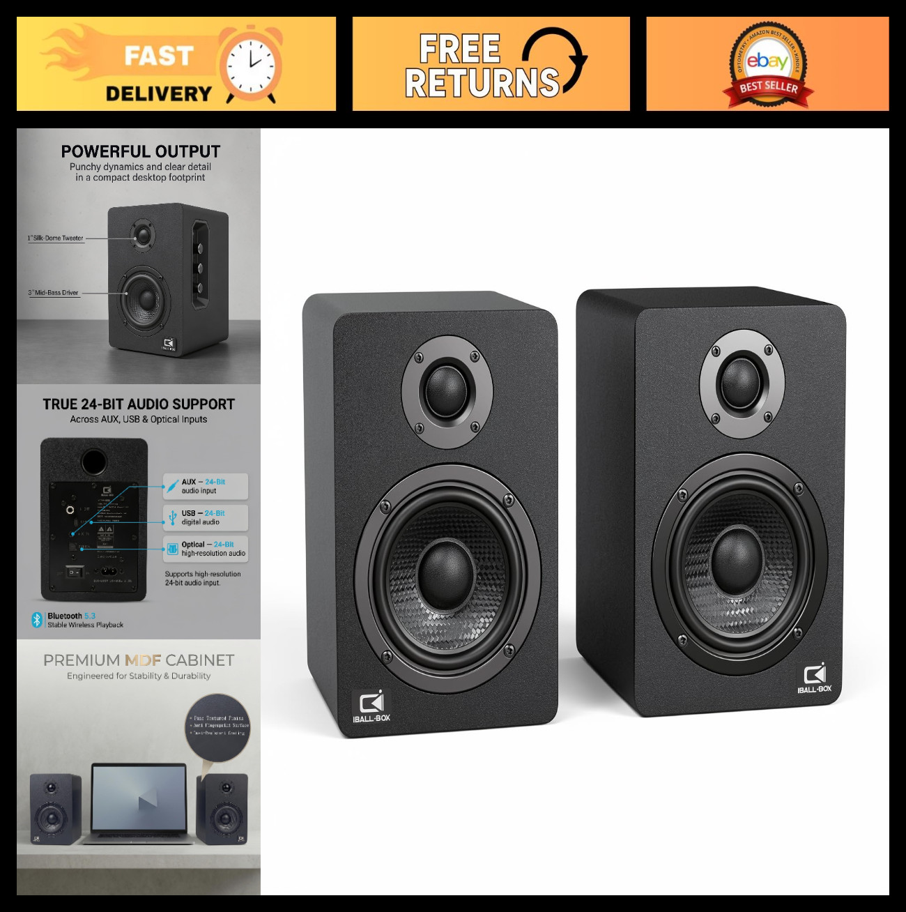 60W Bluetooth Computer Speakers for Desktop & Laptop, 2.0 Stereo, USB-C DAC, AUX