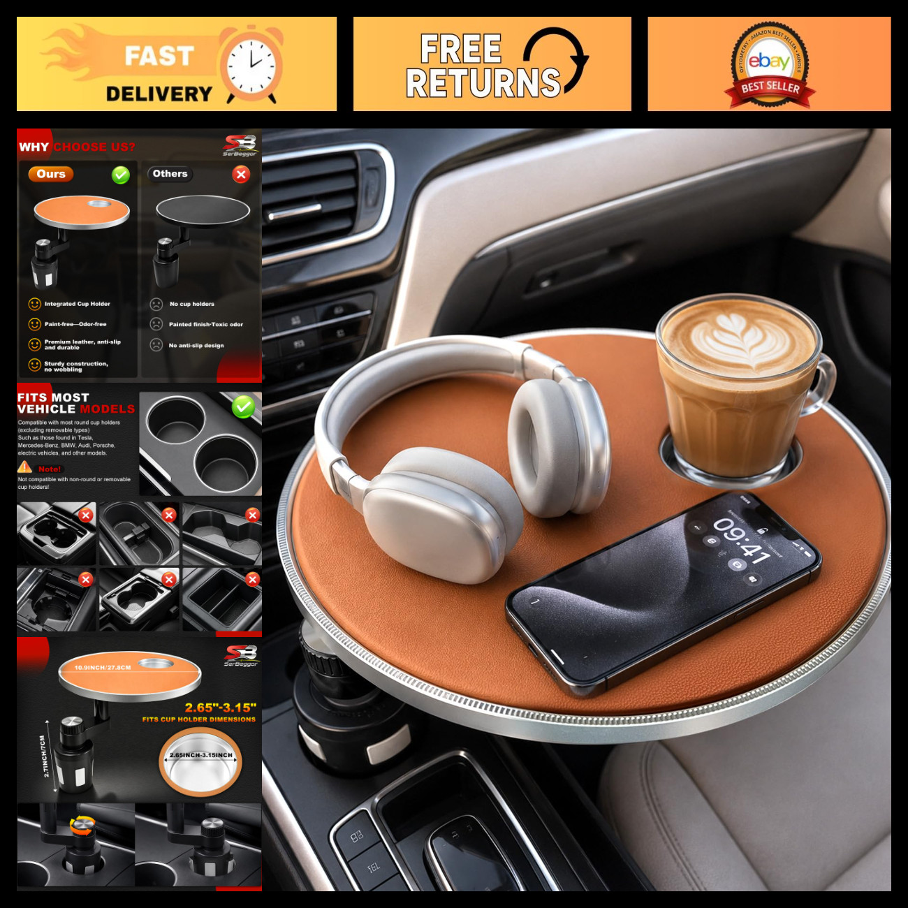 Portable Car Desk for Laptop & Eating - 360° Rotating Cup Holder Tray - Orange