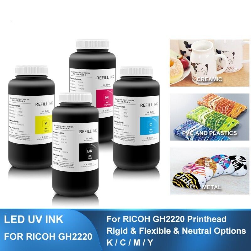 4×1000ML LED Curable UV Ink For Ricoh GH2220 Industrial Inkjet Printhead 