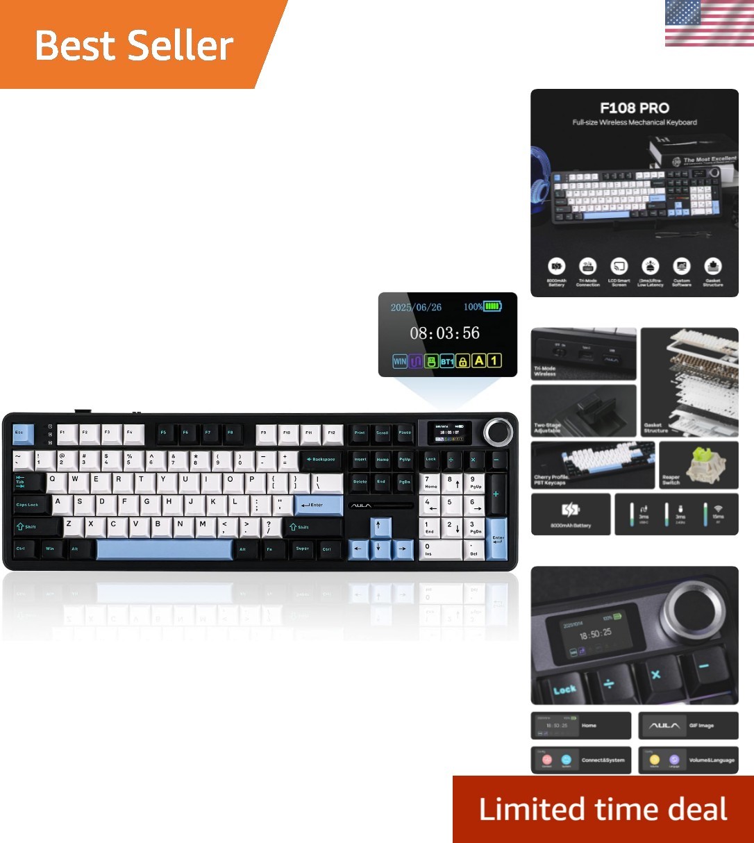 X Aula F108 PRO Wireless Gaming Keyboard with Screen, RGB & Hot-Swappable Keys