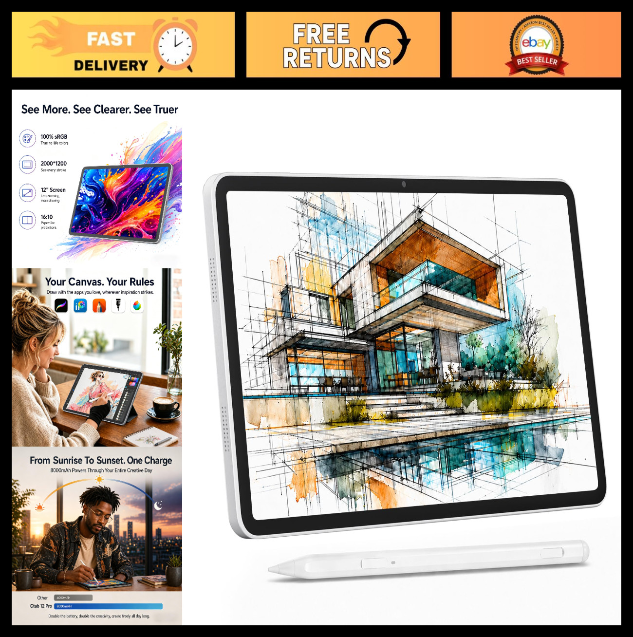 12" Standalone Drawing Tablet, 4096-Level Stylus, 2000x1200 Anti-Glare Screen, 1