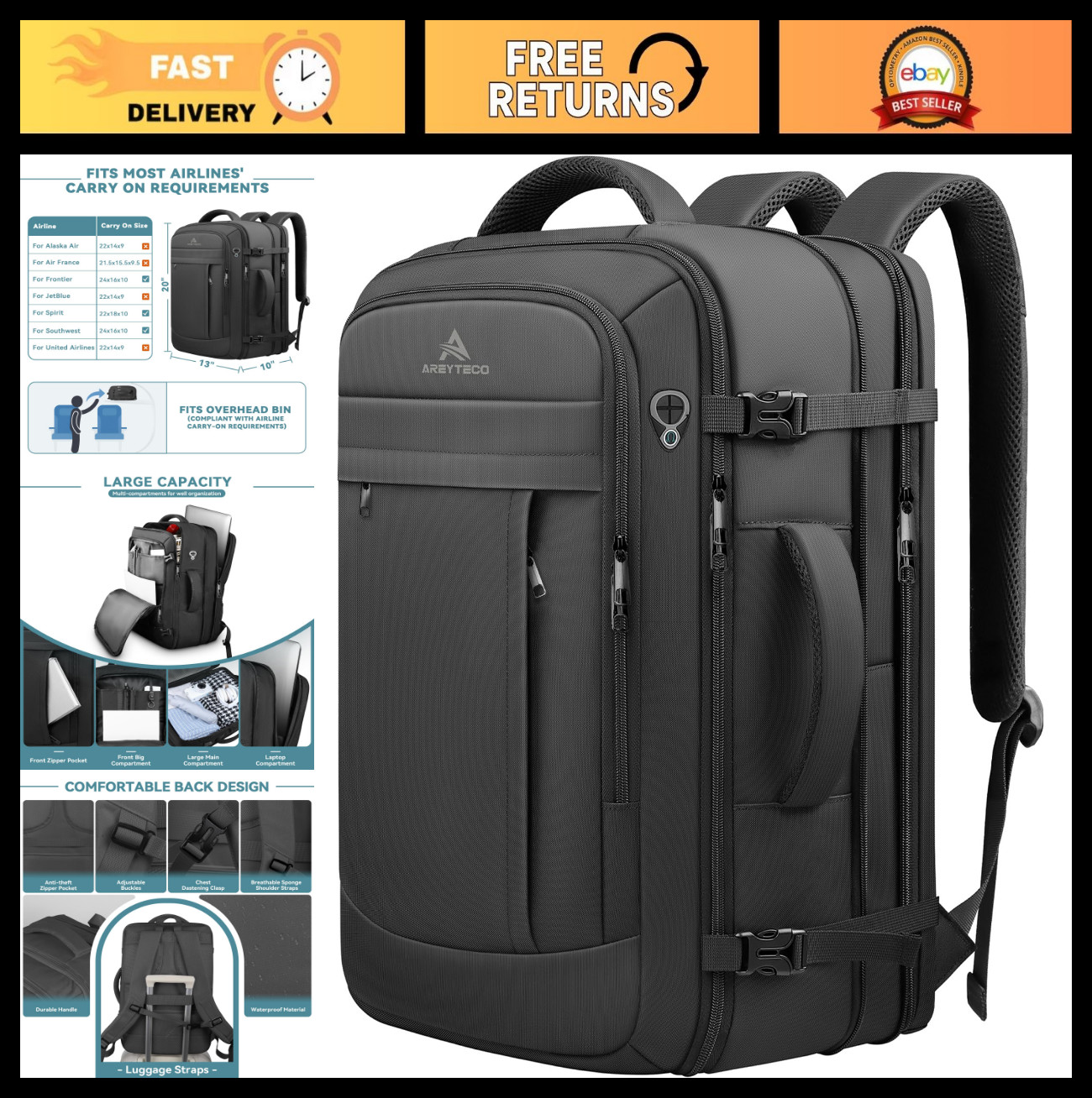 50L Expandable Travel Backpack, Water-Resistant Laptop Bag for 17" Laptops, Busi