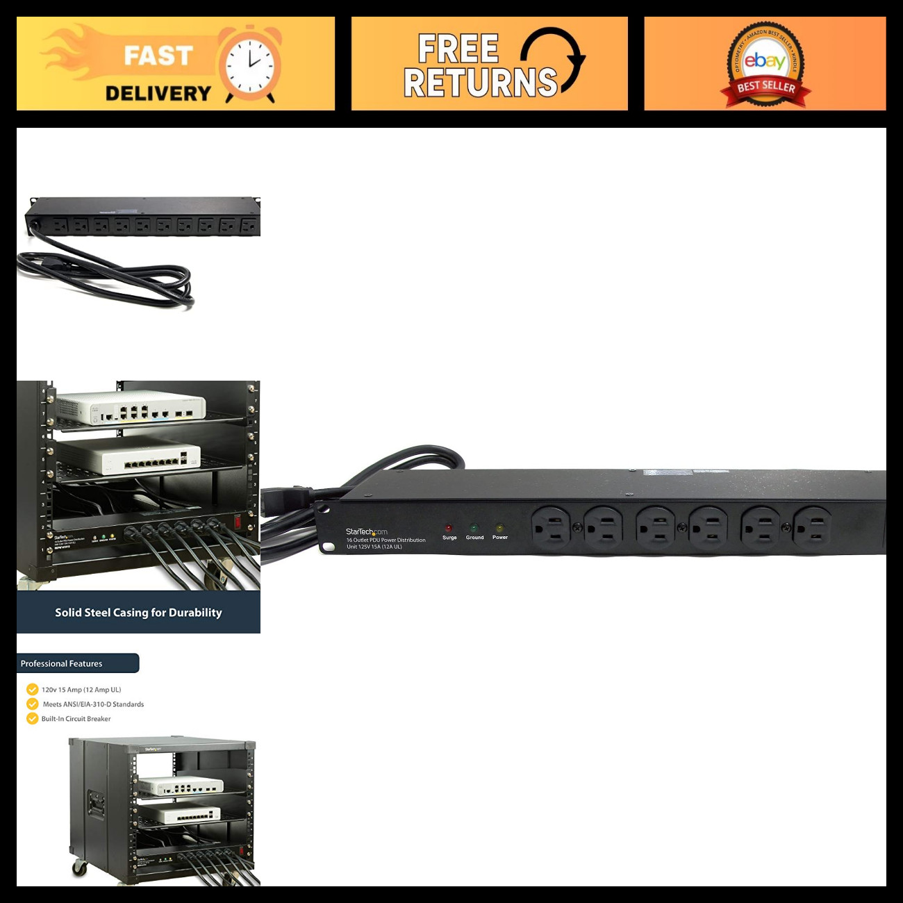 16-Outlet 1U PDU Power Distribution Unit, 120V/15A, Surge Protection, 6ft Cord