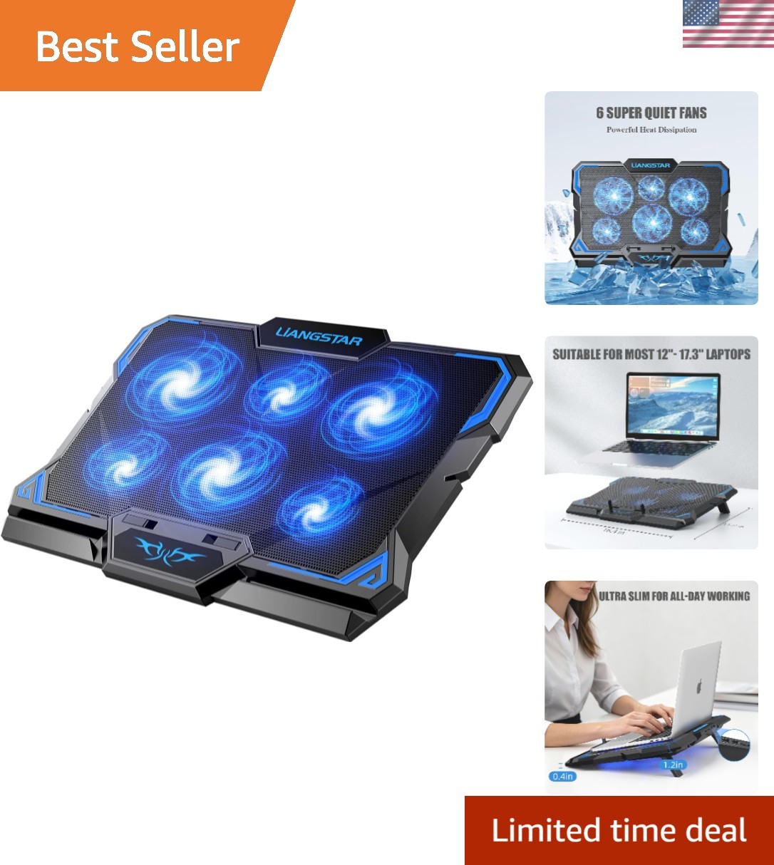 Versatile Cooling Pad for Laptops with 6 Fans, Height Adjustability & USB Ports