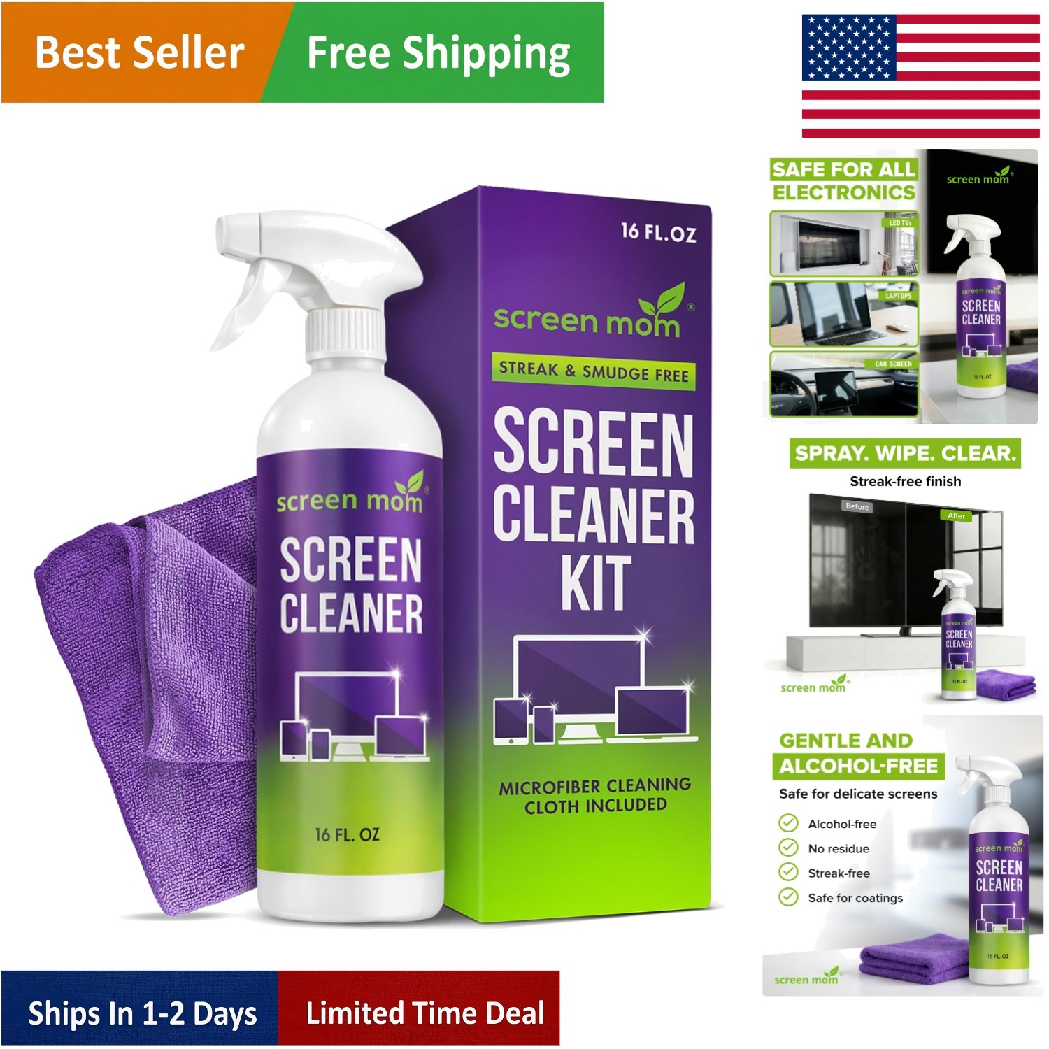 Professional-Grade 16oz Screen Cleaner Spray & Cloth for Crystal Clear Displays