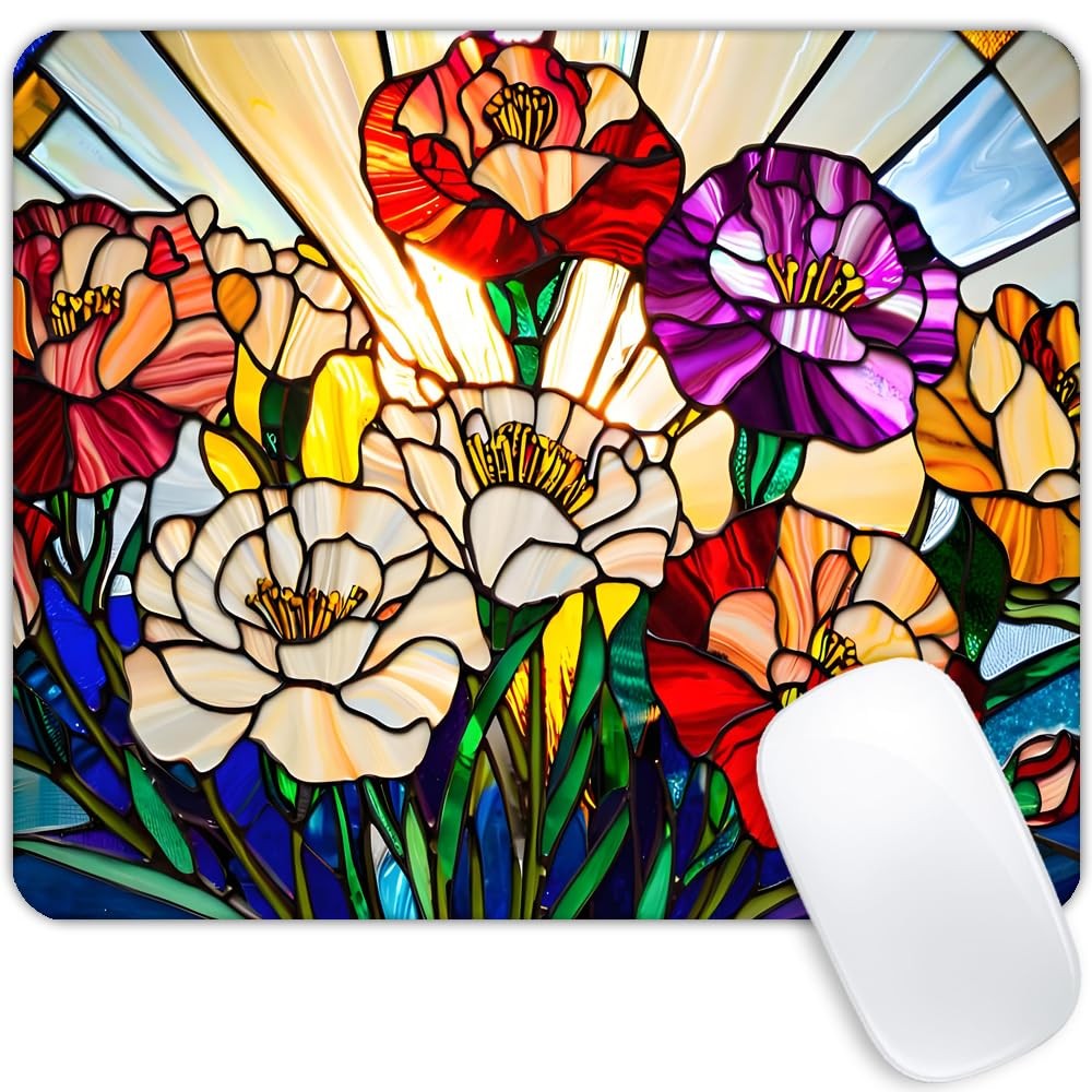 Square Mouse Pad Colored Glass Flowers,Gaming Mouse Pads for Desk,Soft Comput...