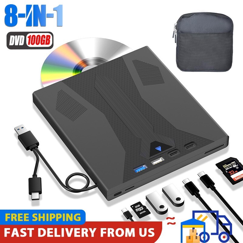 8-in-1 External Bluray Drive for Laptop PC BD CD DVD Player Burner Optical Drive