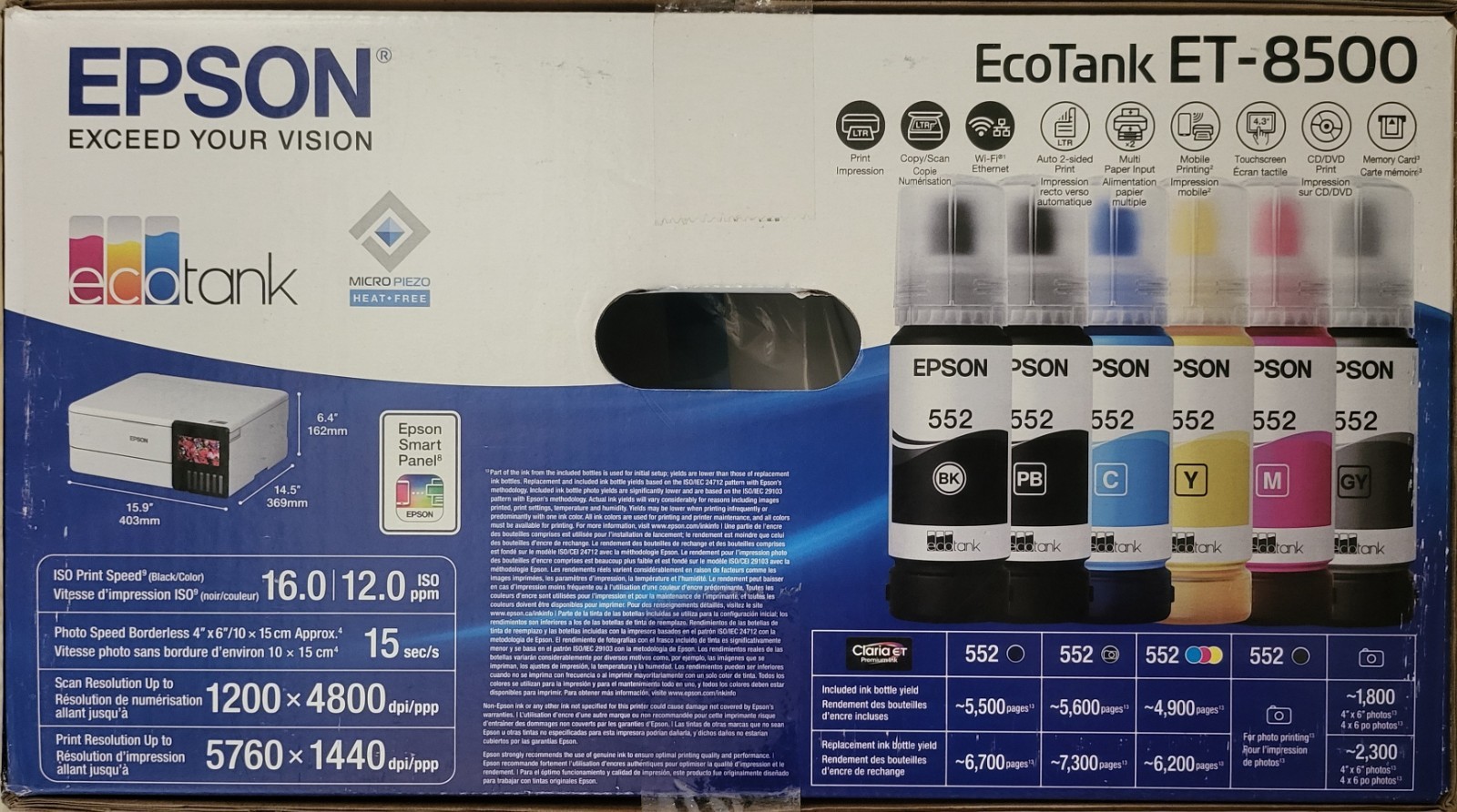 New Epson EcoTank Photo ET-8500 Color Inkjet All-In-One Printer w/Warranty-White