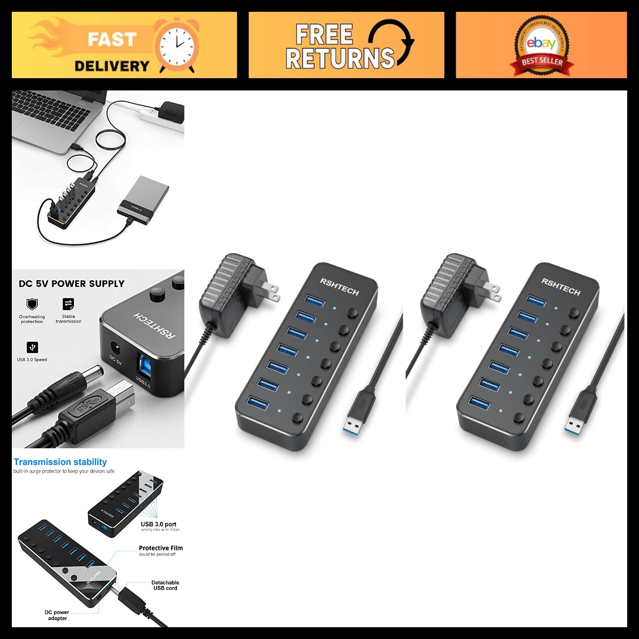 7-Port USB 3.0 Hub Expander with Power Adapter & Individual Switches - Pack of 2