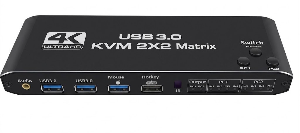 4K Ultra HD USB 3.0 KVM 2x2 Matrix Switch PC1/PC2 Selector - Unit Only