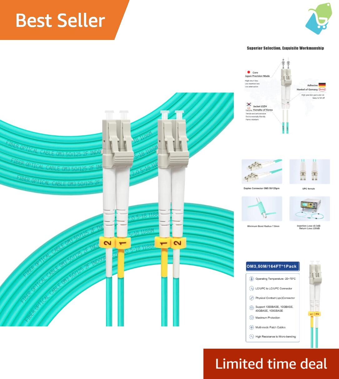 OM3 50M Multimode Fiber Optic Cable - LC Duplex Connector for 10G Networks