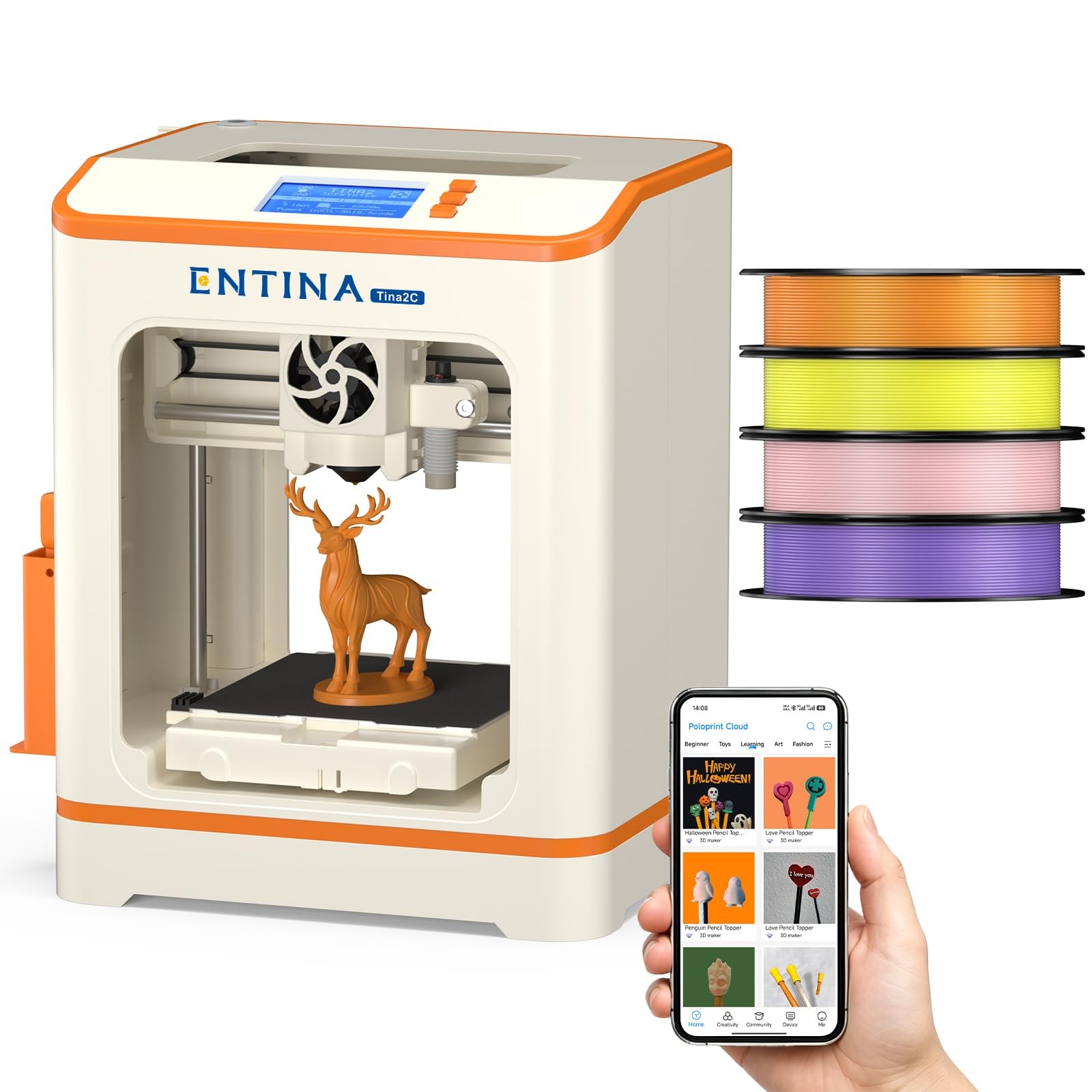 Entina Tina2C Mini 3D Printer Bundle for Kids & Beginners,  4-Color PLA Filament