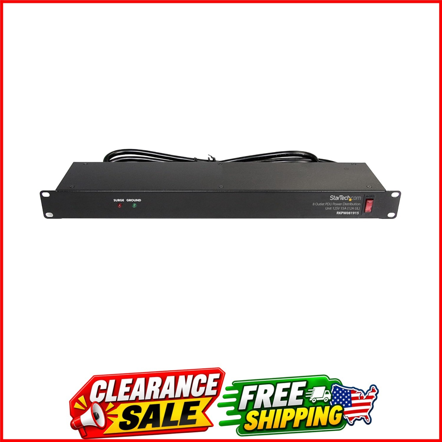 StarTech 8-Outlet 1U PDU, 120V/15A, Surge, 6ft Cord, TAA RKPW081915