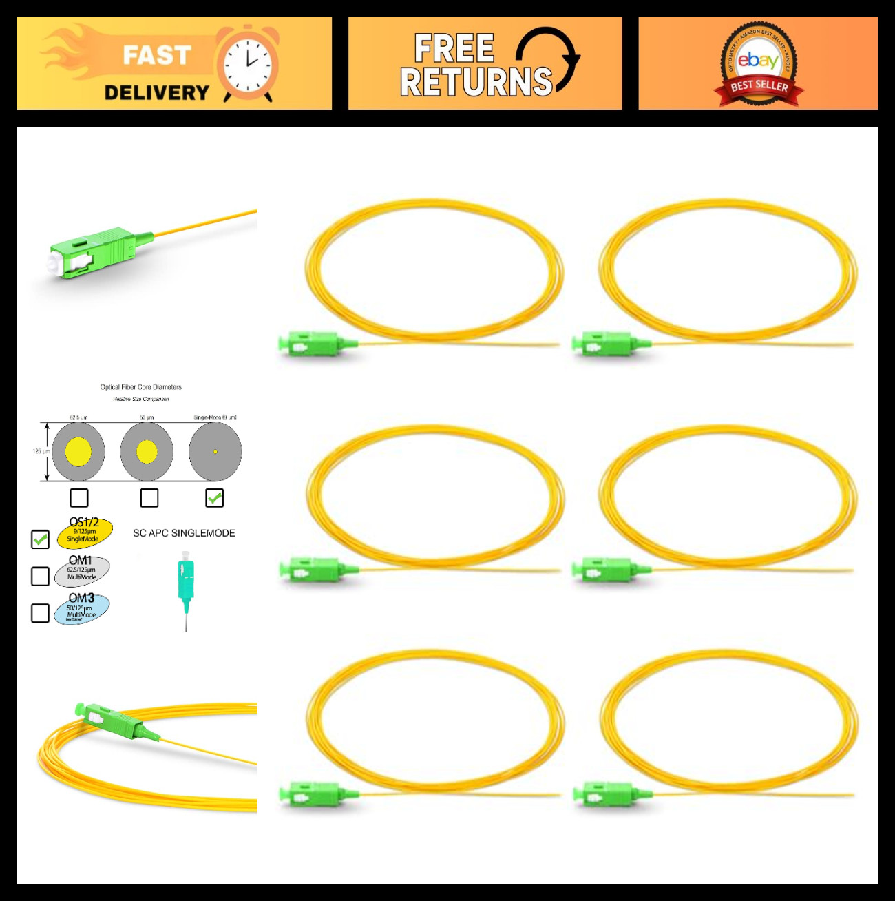 6 Strand SC APC OS1 Fiber Optic Pigtails for Fusion Splicing + 6 Shrink Sleeves