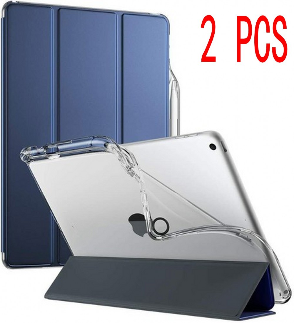 2 PCS Smart Trifold Case For Apple iPad 9.7 2018 Clear TPU Back Cover Navy Blue