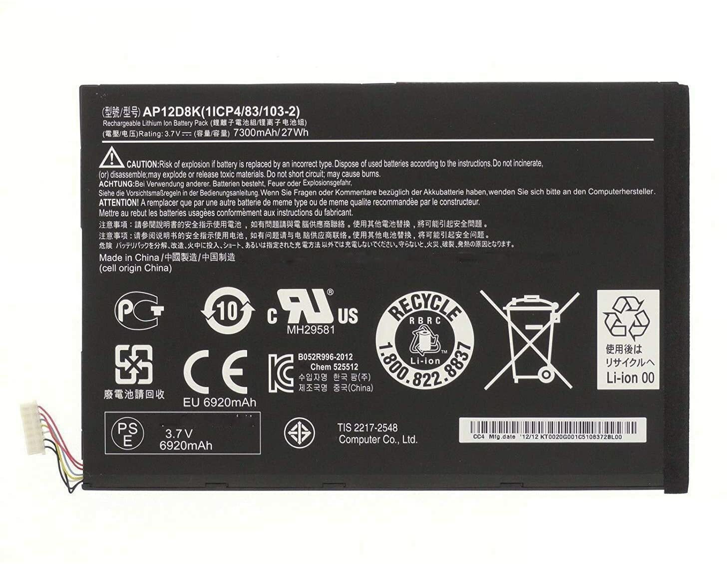 Genuine AP12D8K battery for ACER Iconia Tab A3-A10 A3-A11 W510 W510P 3.7V 27WH 