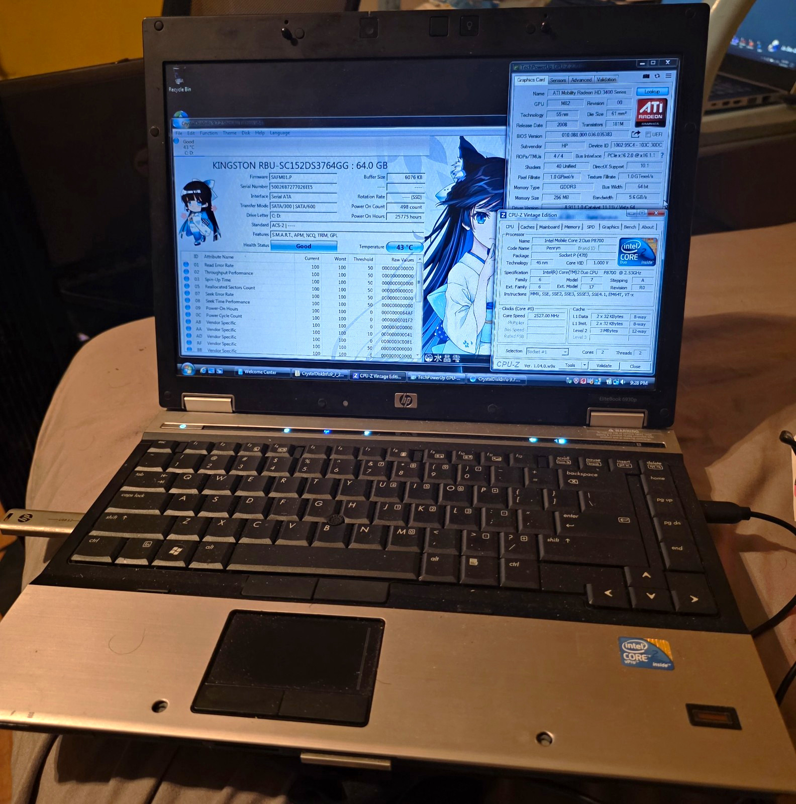 HP EliteBook 6930p 14.1" Core 2 Duo 2.53GHz 2.5GB RAM 64GB SSD Vista