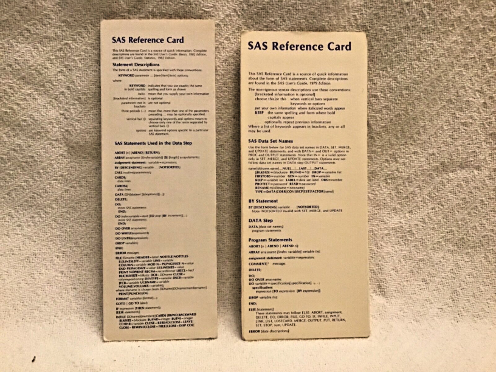 VTG SAS  reference cards, source of quick information of SAS statements