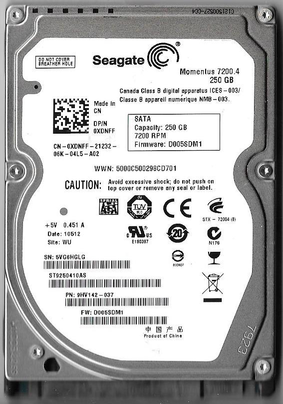 SEAGATE MOMENTUS ST9250410AS 250GB SATA HARD DRIVE P/N: 9HV142-037  5VG  WU