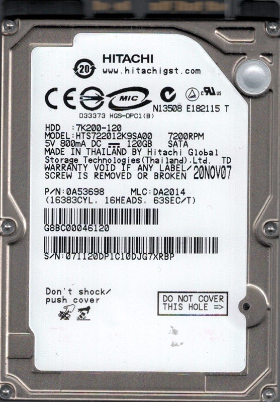 HTS722012K9SA00 P/N: 0A53698 MLC: DA2014 Hitachi 120GB