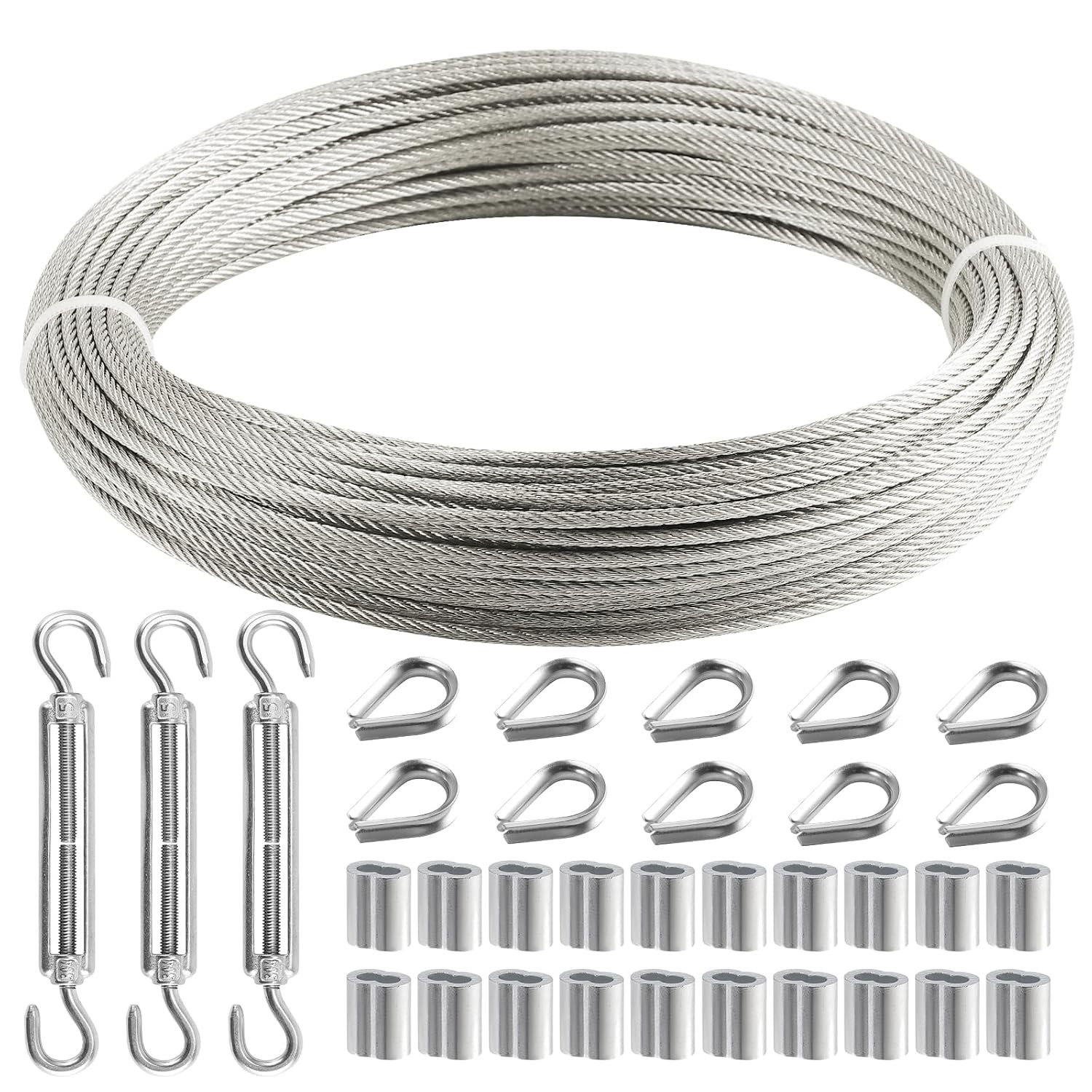 120FT 1/8 Inch Stainless Steel Cable Kit with Turnbuckles, Thimbles, Loops