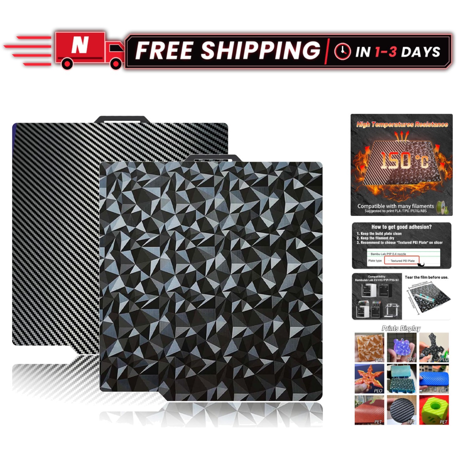 JUUPINE 3D Printer Build Plate 257x257mm PEO+PET Spring Steel, Diamond Pattern