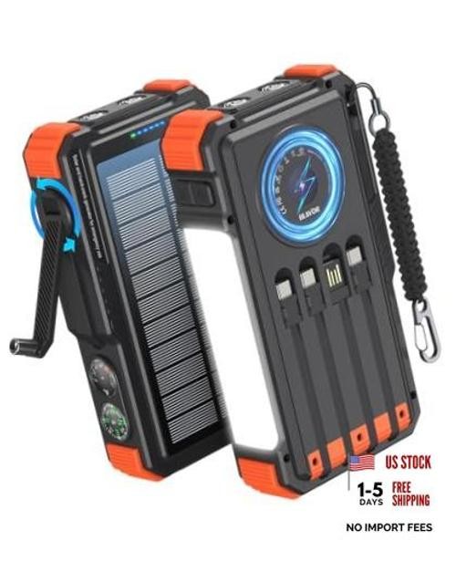 Solar Power Bank with Hand Crank and 4 Cables, 20000mAh Wireless Orange