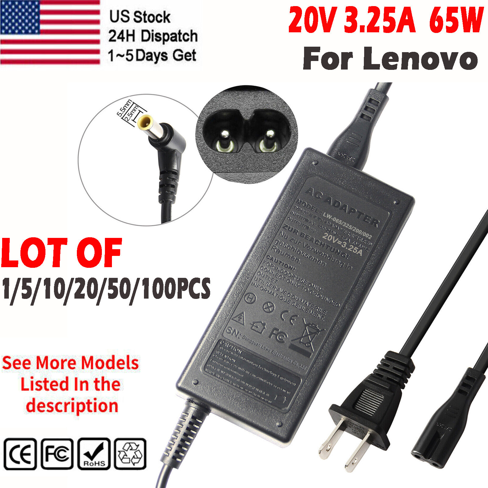 LOT OF 65W 20V 3.25A Laptop Charger AC Adapter For Lenovo IdeaPad IBM-5.5*2.5mm*