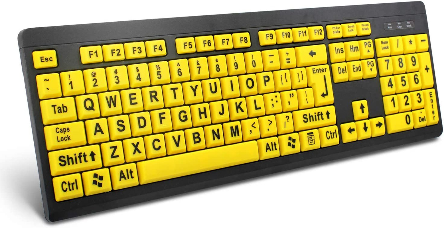 Large Print High Contrast Wired Keyboard Yellow Letters USB Seniors Low Vision
