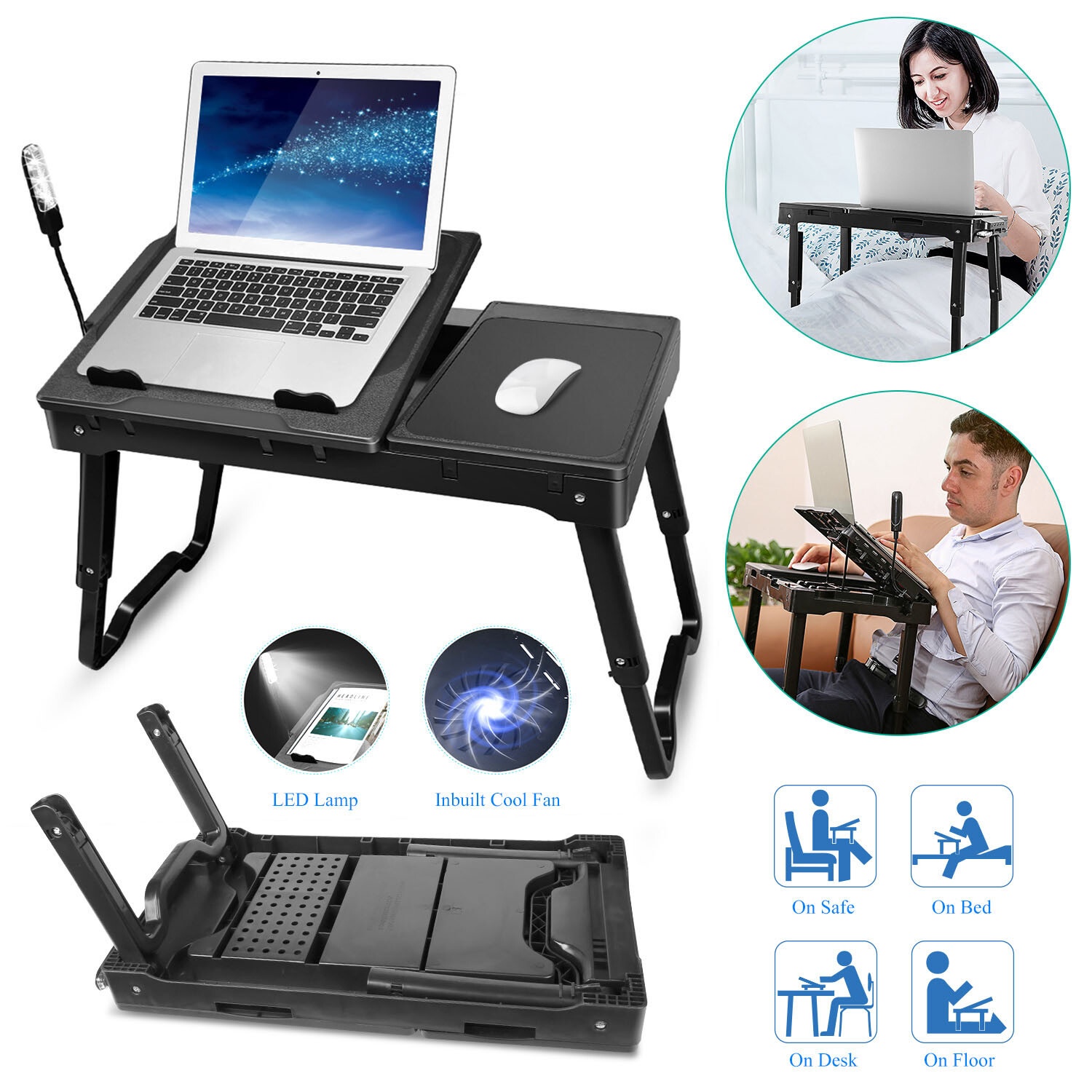 Foldable Laptop Table Tray Desk W/Cooling Fan & Light Tablet Desk Stand Bed Sofa
