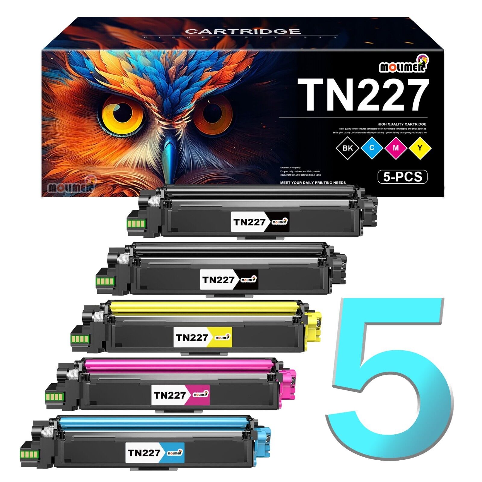 TN227 Toner Cartridge High Yield Replacement for Brother MFC-L377OCDW L3750 5 PK