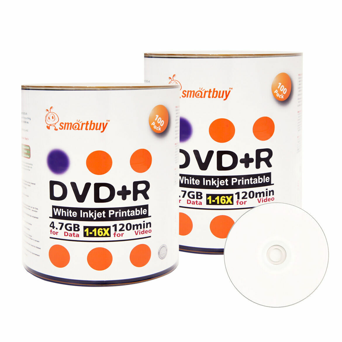 200 Smartbuy 16X DVD+R 4.7GB White Inkjet Hub Printable Recording Disc