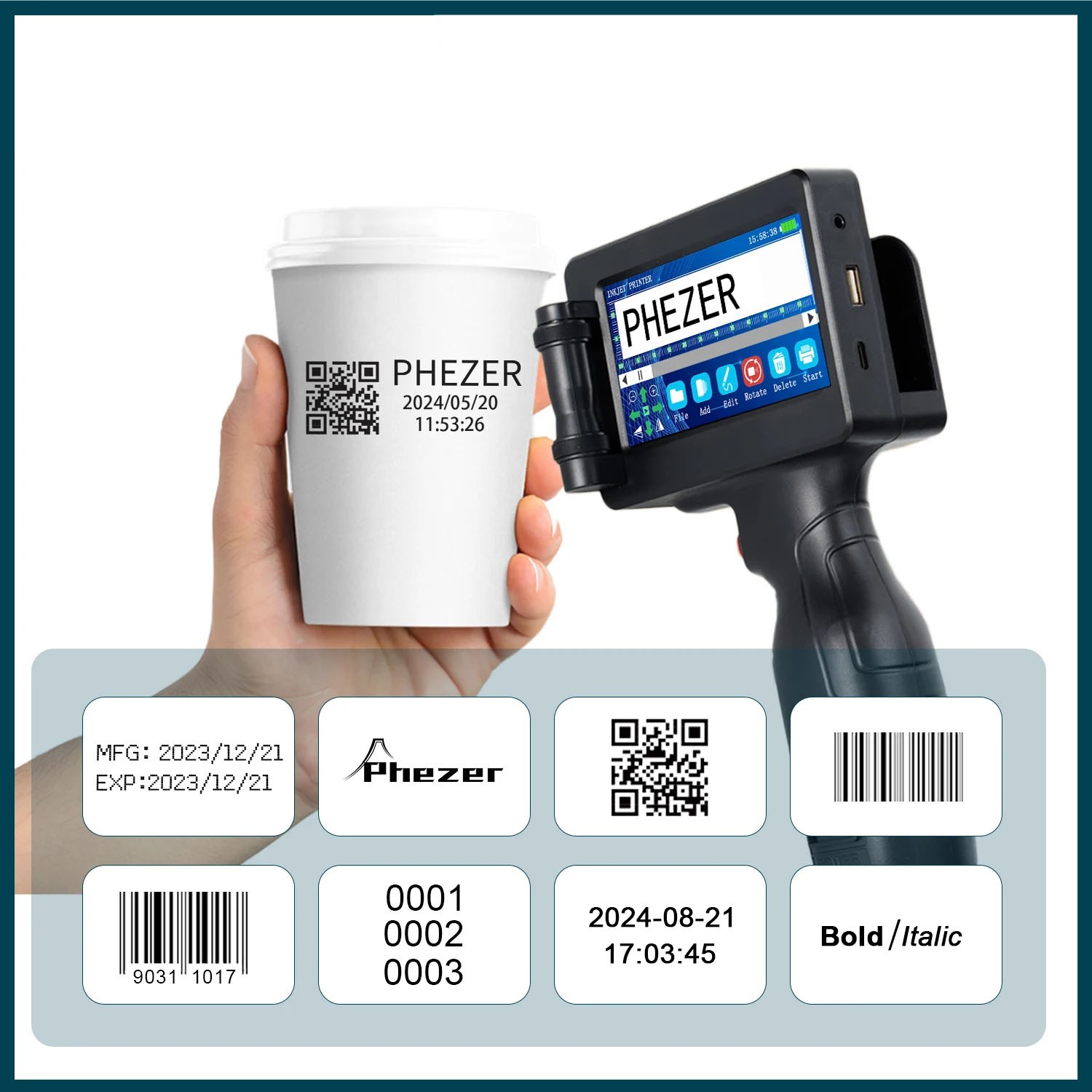 Handheld Inkjet Printer Gun 12.7mm Fast-Drying Ink Text QR Barcode Label Printer