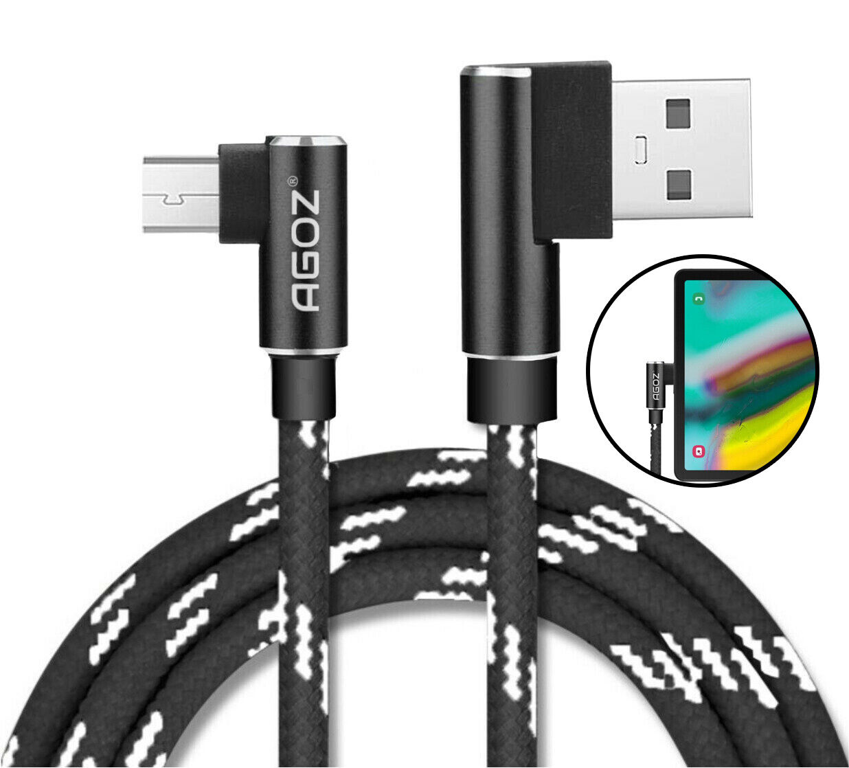 90 Degree Right Angle Micro USB Cable Fast Charger Data Sync Cord for Tablet