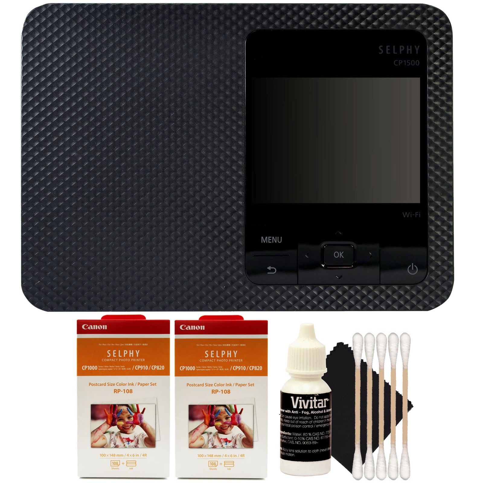 Canon SELPHY CP1500 Photo Printer Black + 2x RP-108 Color Ink Set Bundle