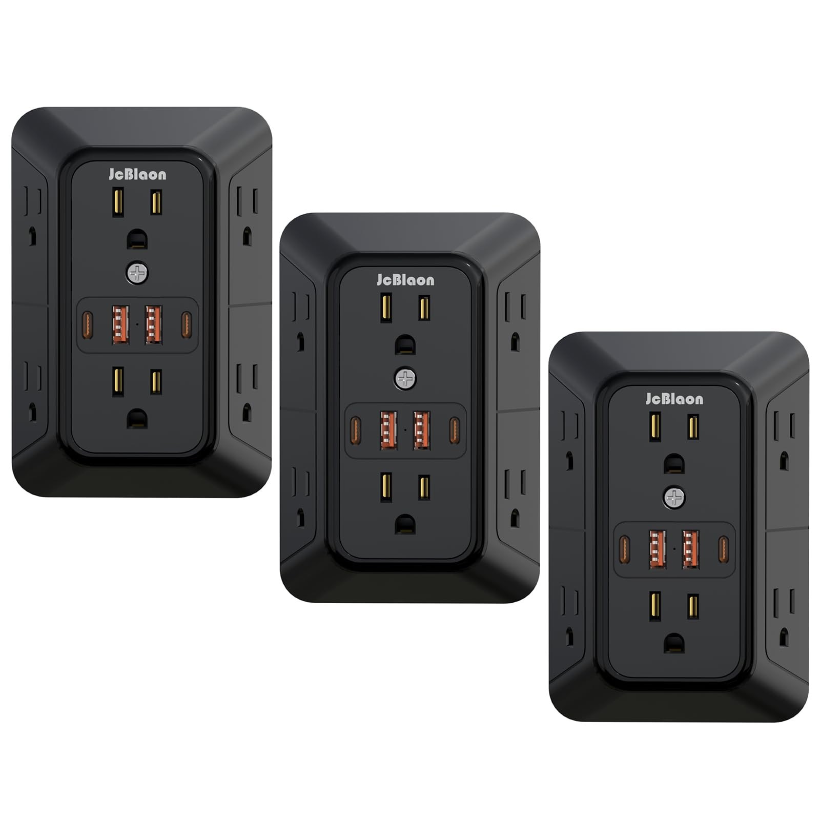 JcBlaon 3 Pack Outlet Extender Surge Protector Black 2 USB C ETL 125 Volts