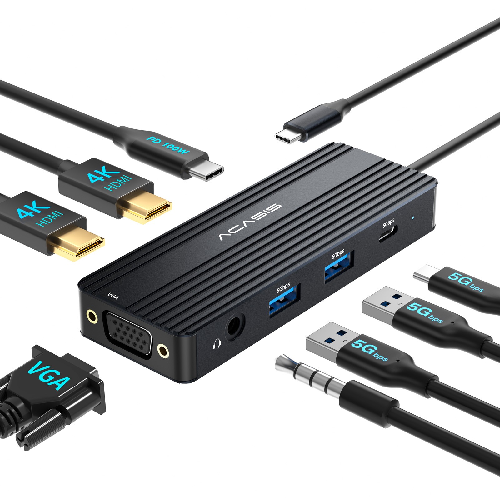 ACASIS 8-in-1 USB C Hub Dual Monitors Docking Station Dual HDMI +VGA for Laptop