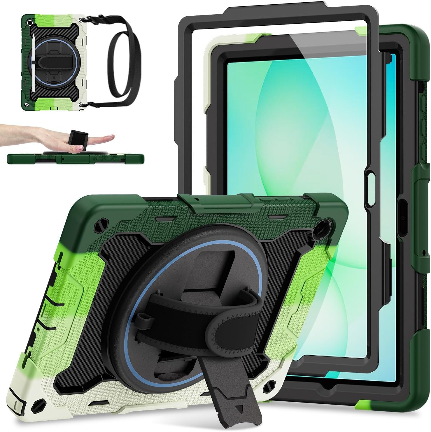 Rugged Case for Galaxy Tab A11+/A9+ with Screen Protector and 360 Rotating Stand