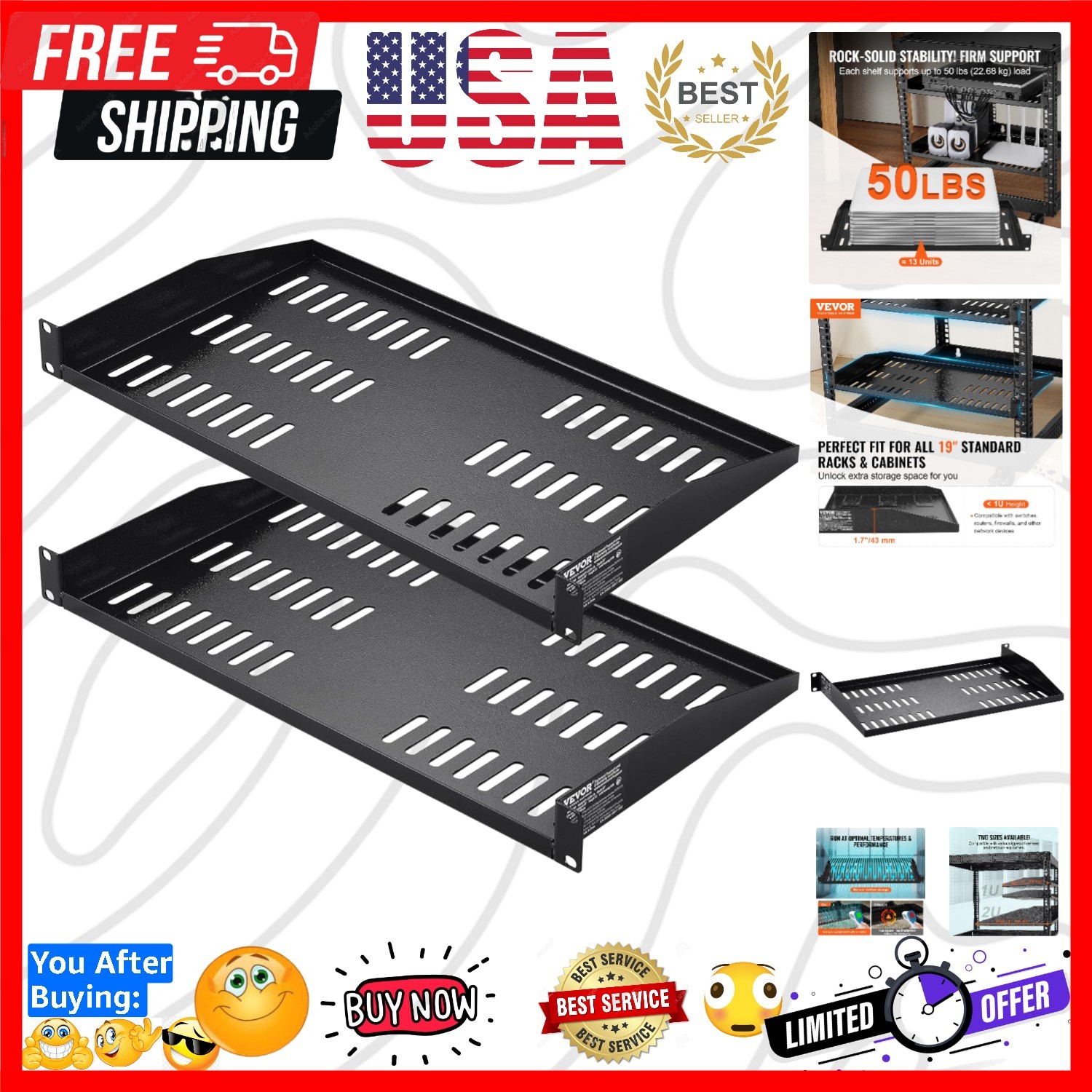 2PCS 1U Server Rack Shelf, Universal Vented Rack Mount Cantilever Tray for 19...