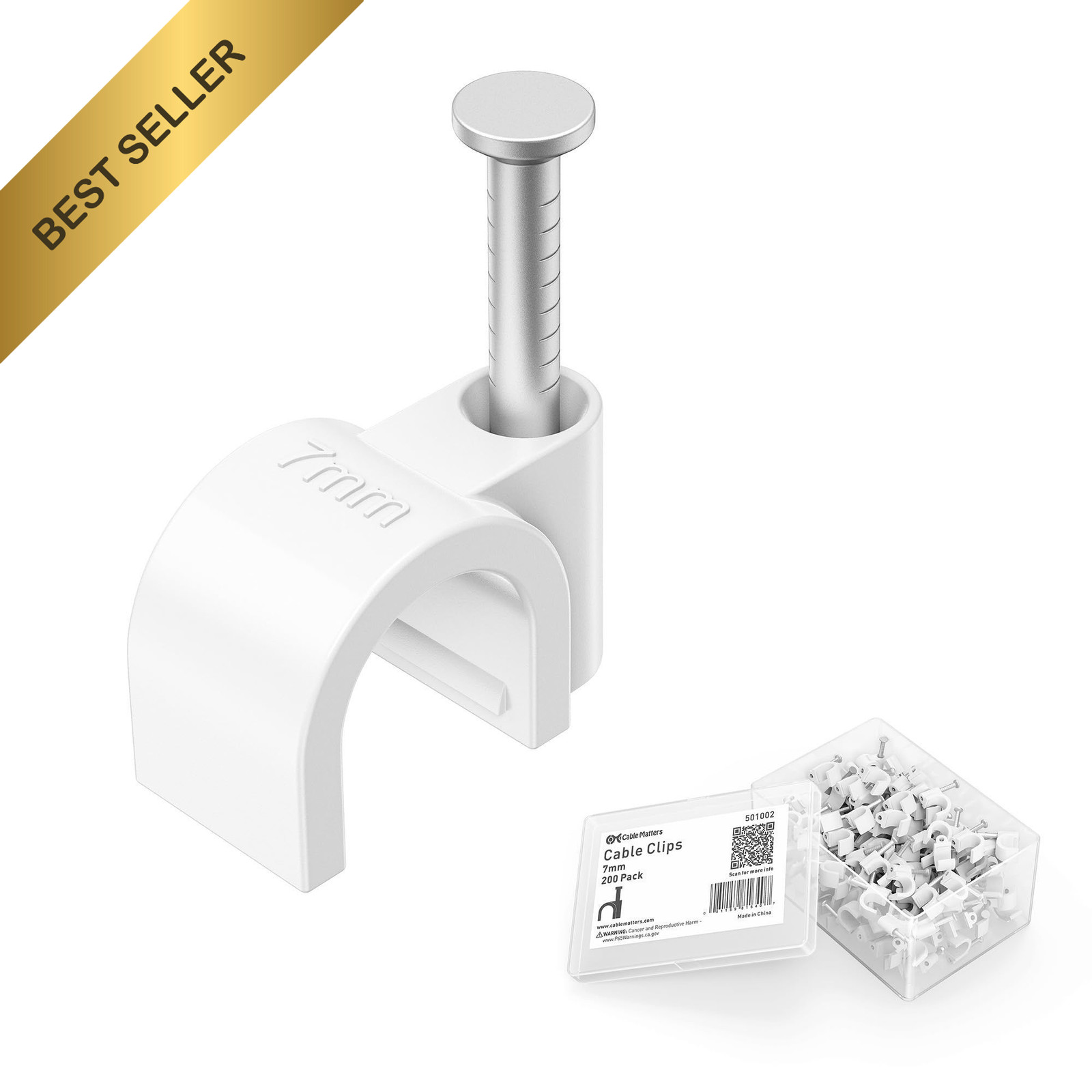 Cable Matters 200 Pack 7mm Nail-In Cable Clips Ethernet Wall Wire Holders White