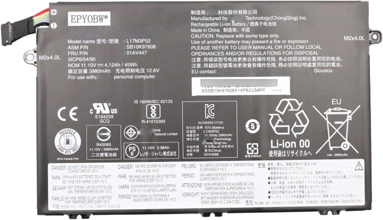 L17M3P52 Laptop Battery 45Wh Compatible with E41 55 82FJ E41 50 82HW 82HX