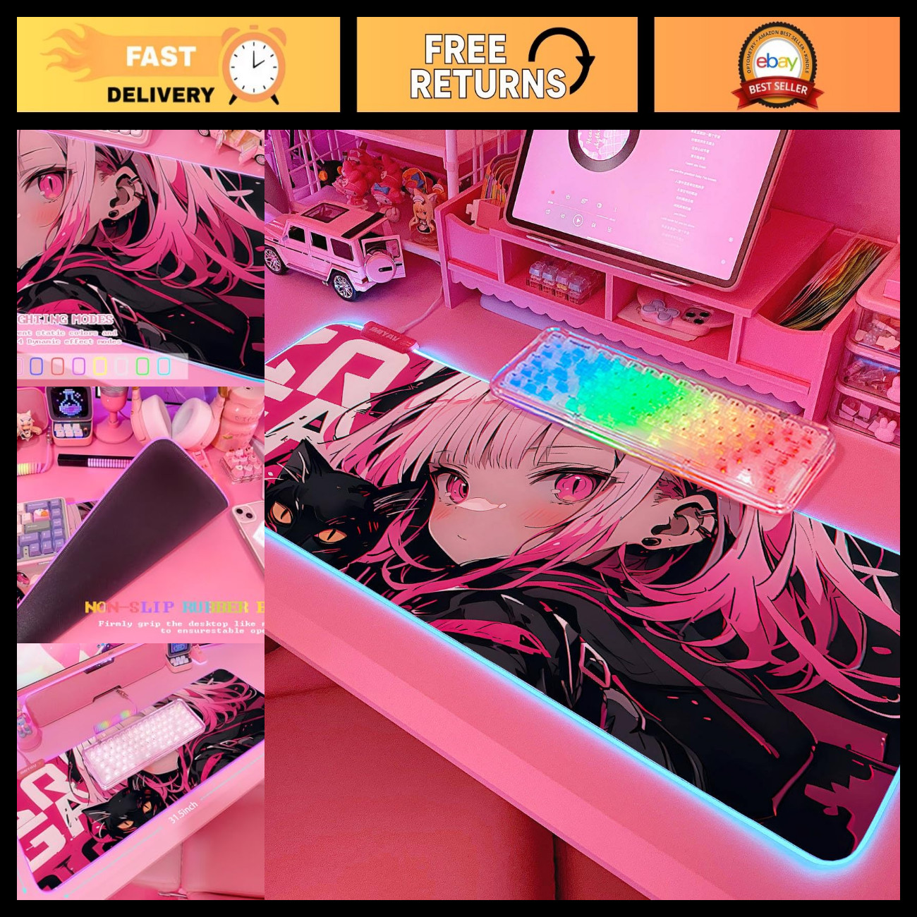 XL Pink RGB Gaming Mouse Pad 31.5x12 Inch LED Light Up Non-Slip Rubber Base Cute