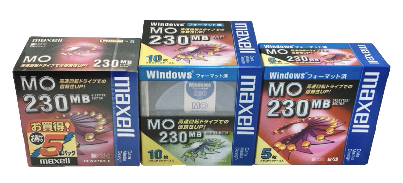 Maxell MO 230MB 20 Discs Lot 15 Windows Formatted + 5 Unformatted Made in Japan